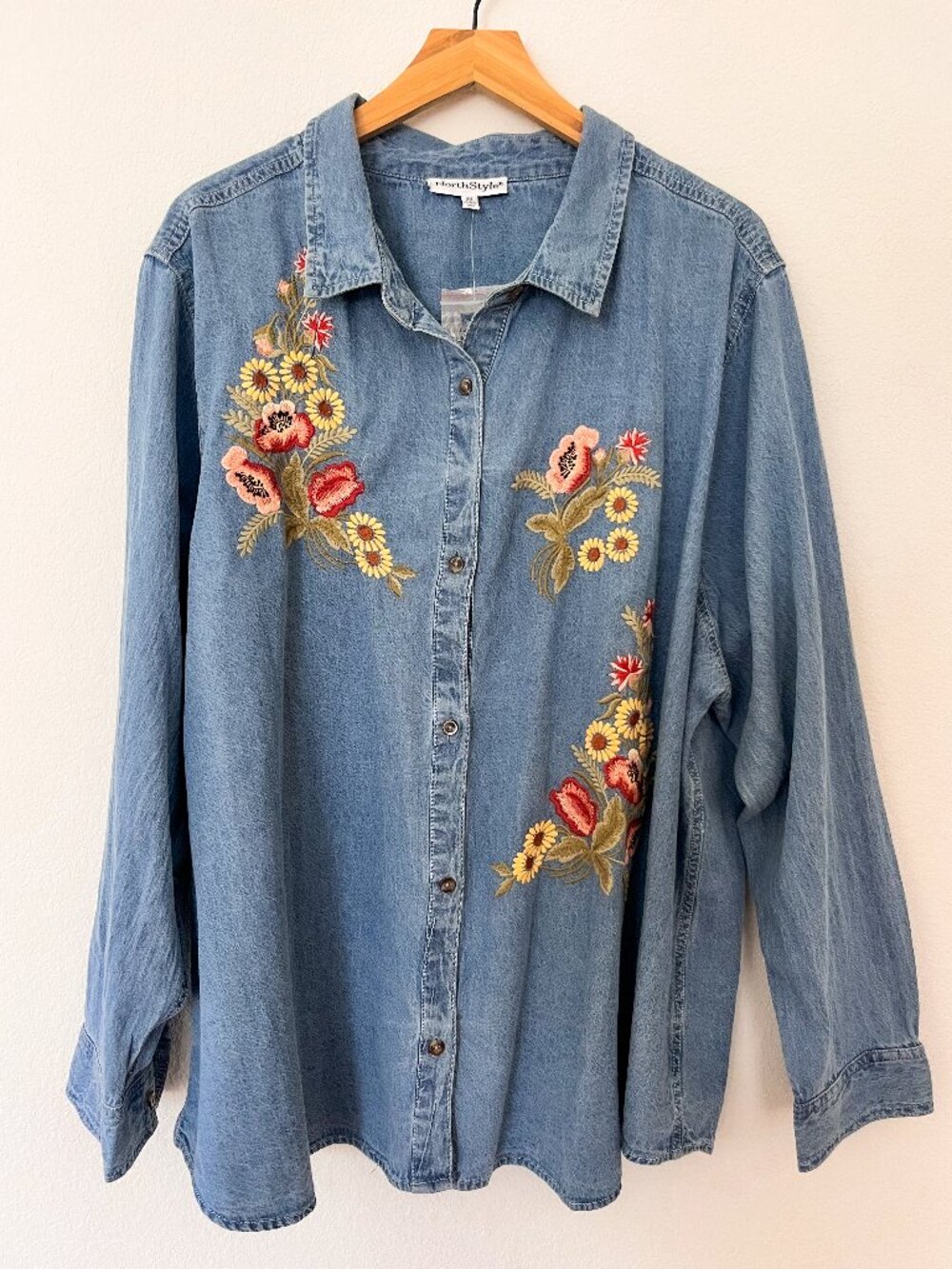 NorthStyle Floral Embroidered Denim Shirt 3X Button Front Long Sleeve NWOT
